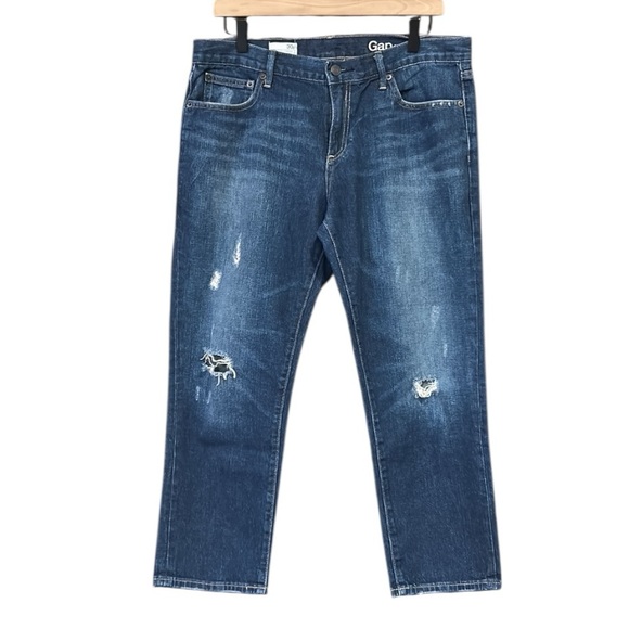 Gap Sexy Boyfriend Cotton Distressed Mid-Rise Denim Jeans Dark Indigo 30 Petite - Picture 2 of 12